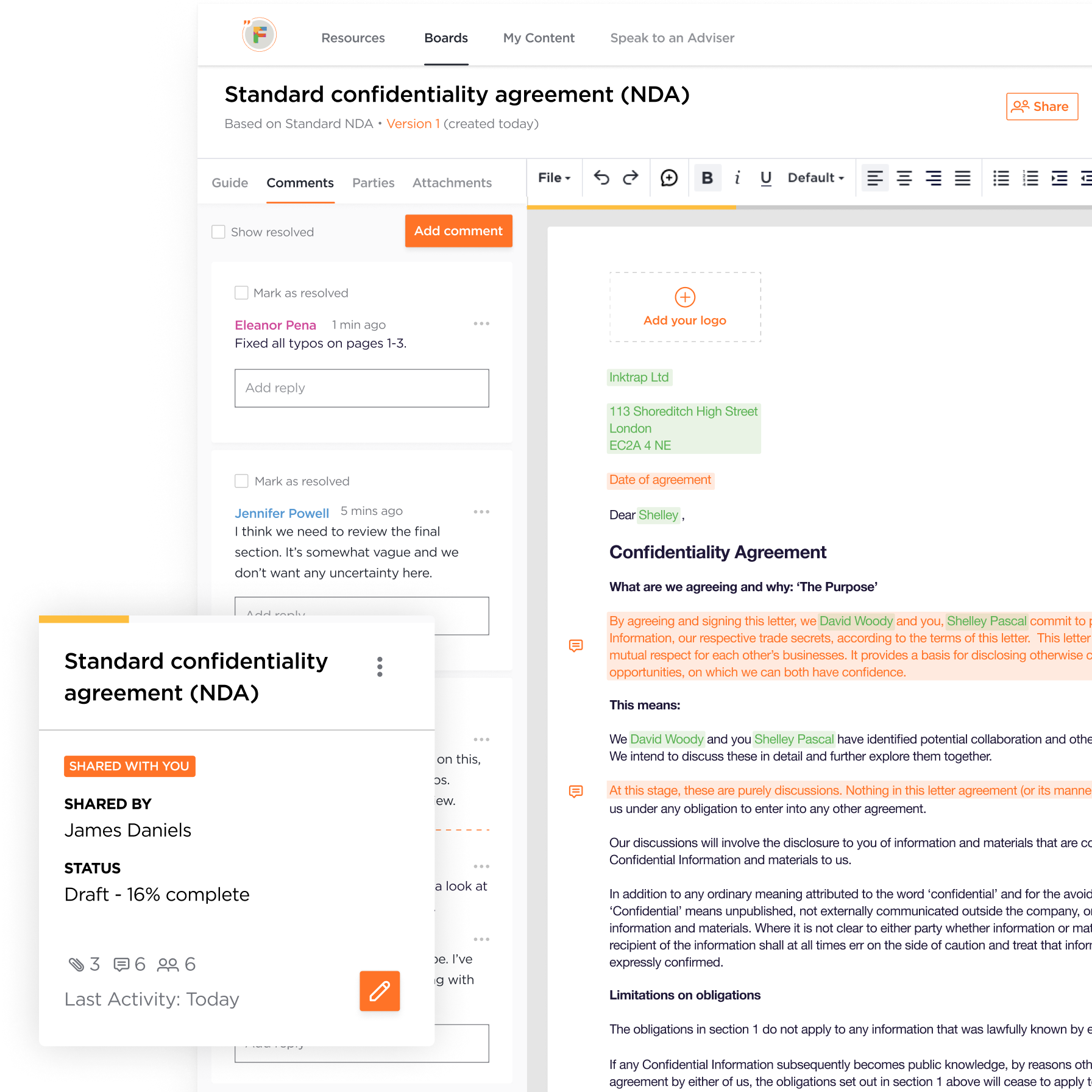 Screenshots of a tool for editing legal documents.