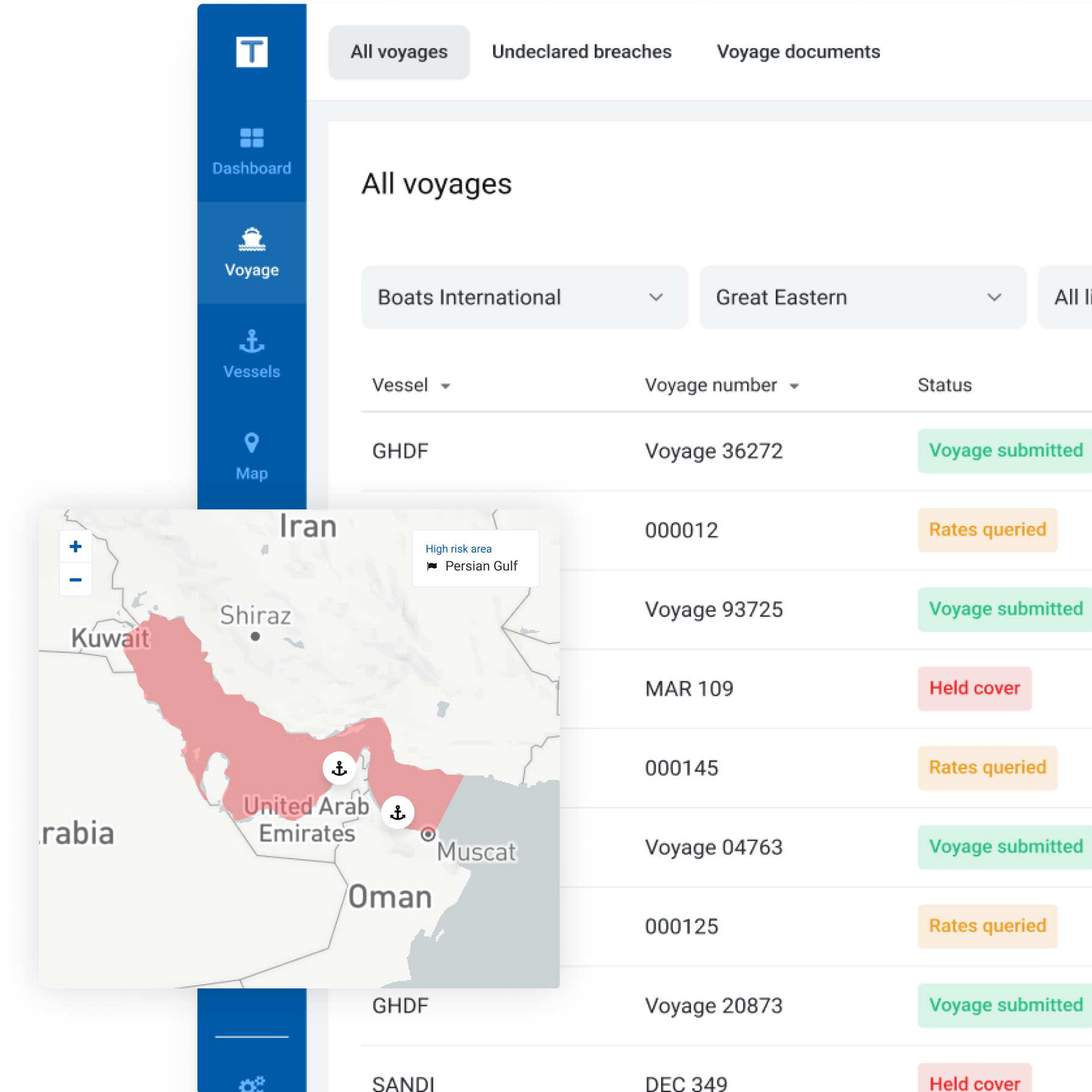 Screenshots of a tools for tracking cargo fleets in disputed territories.